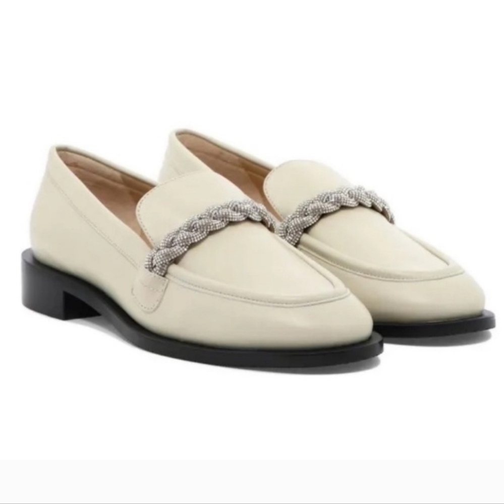 Stuart Weitzman Cream Loafers with Silver Chain